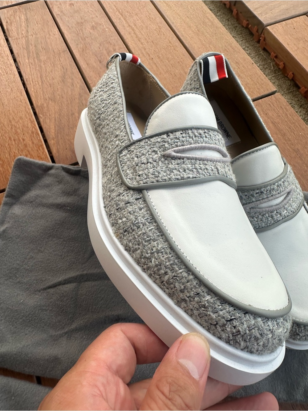Thom Browne Gray Tweed and White Leather Slip-On Loafers